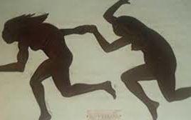 Silhouette of male figure running, pulling a female figure, both unclothed.